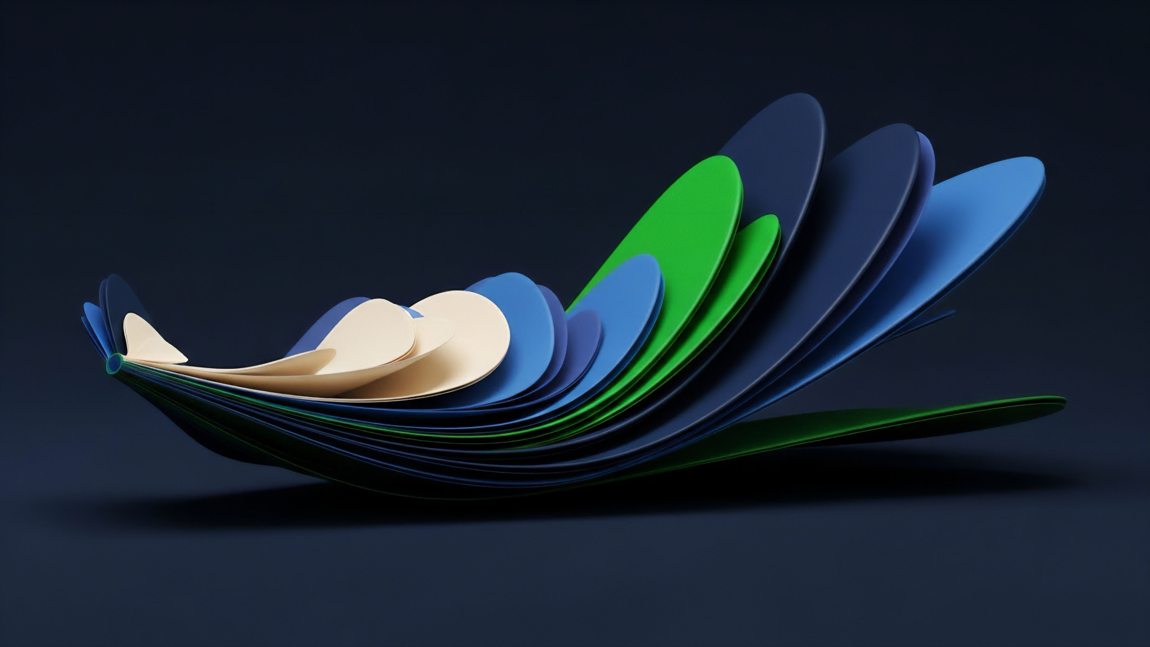 A layered structure resembling an unfolding fan, where individual elements transition in color from cream to various shades of blue and vibrant green. This abstract representation illustrates the complexity of exotic derivatives and options contracts. Each layer signifies a distinct component in a strategic financial product, with colors representing varied risk-return profiles and underlying collateralization structures. The unfolding motion symbolizes dynamic market movements and the intricate nature of implied volatility within options trading, highlighting the composability of synthetic assets in DeFi protocols.