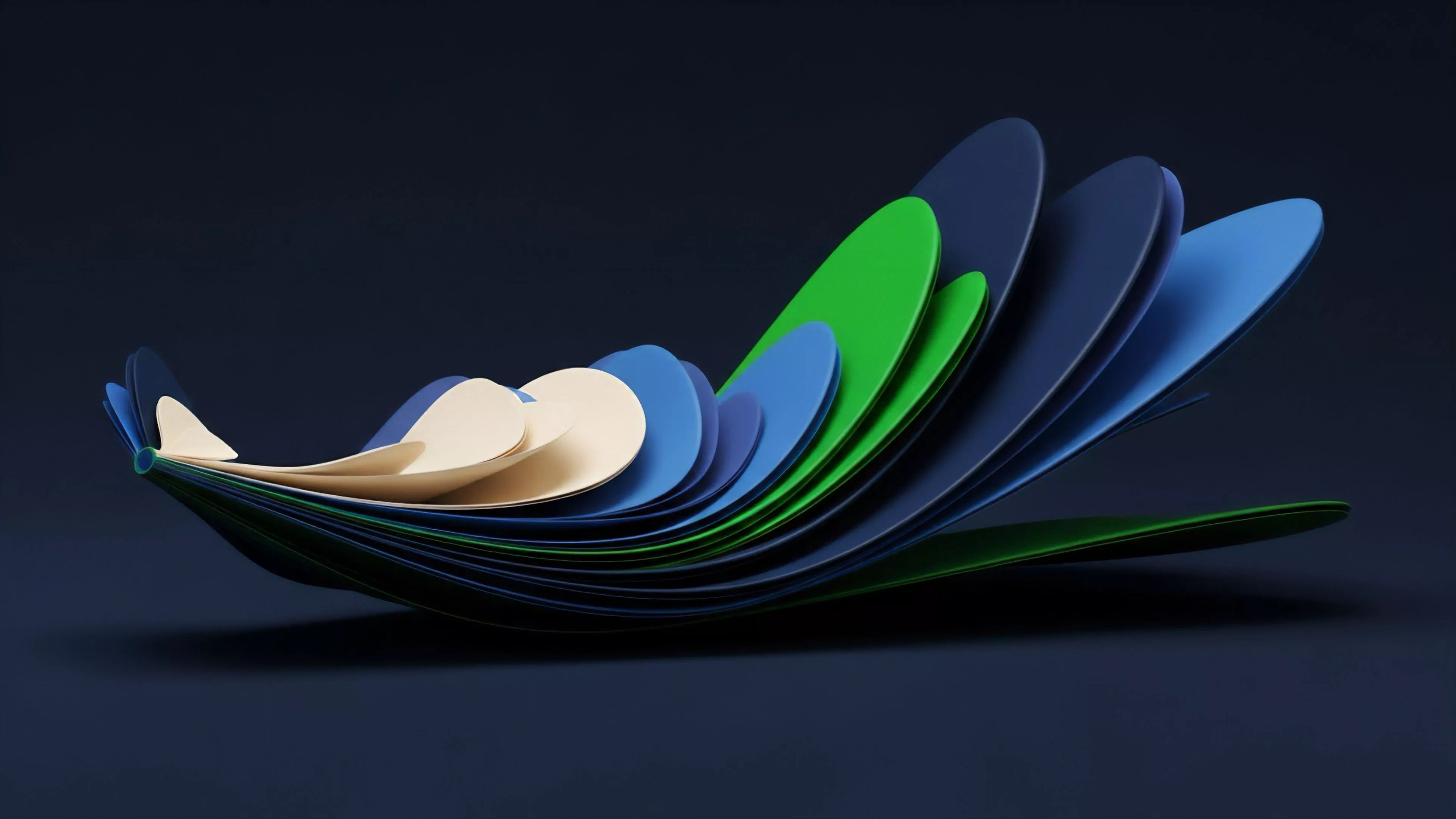 A layered structure forms a fan-like shape, rising from a flat surface. The layers feature a sequence of colors from light cream on the left to various shades of blue and green, suggesting an expanding or unfolding motion