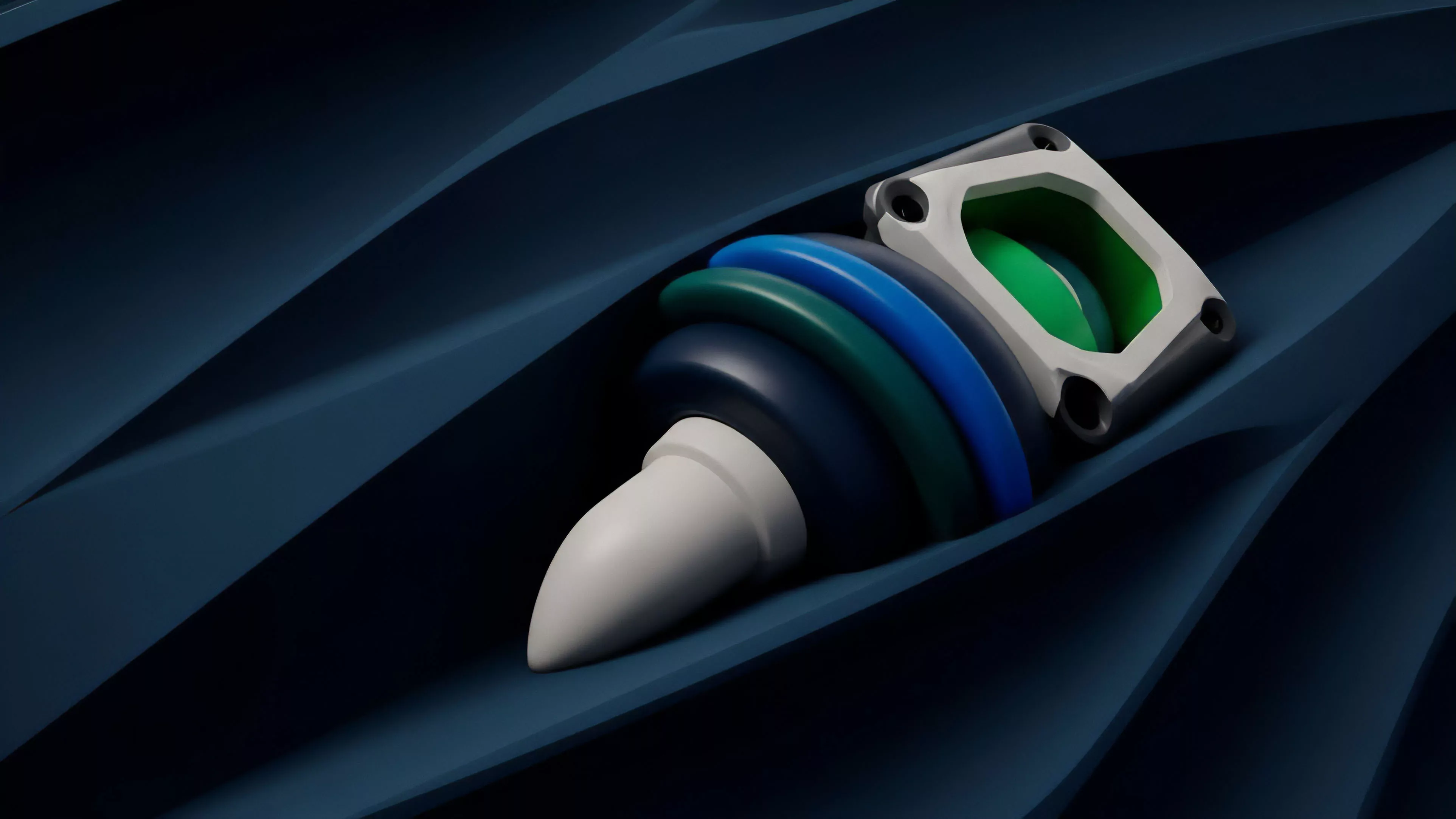 A conceptual rendering features a high-tech, layered object set against a dark, flowing background. The object consists of a sharp white tip, a sequence of dark blue, green, and bright blue concentric rings, and a gray, angular component containing a green element