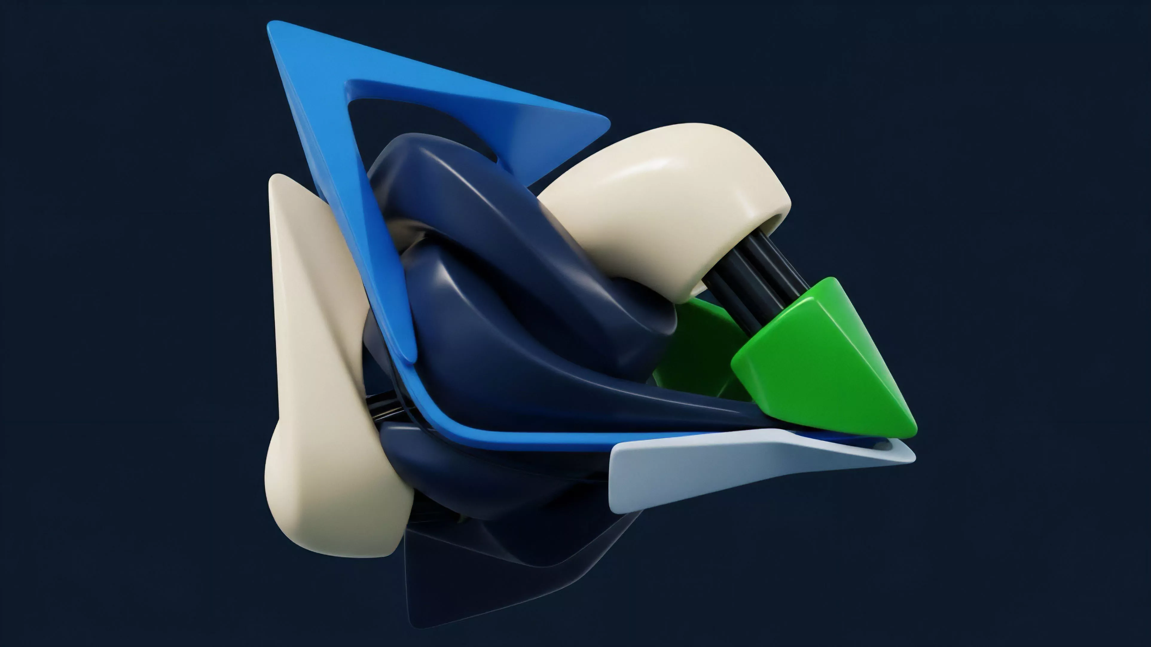 A complex abstract structure composed of layered elements in blue, white, and green. The forms twist around each other, demonstrating intricate interdependencies. This visual metaphor represents composable architecture in decentralized finance DeFi, where smart contract logic and structured products create complex financial instruments. The dark blue core might signify deep liquidity pools, while the light elements represent collateralized debt positions interacting with different risk management frameworks. The green part could be a specific asset class or yield source within a complex derivative structure.