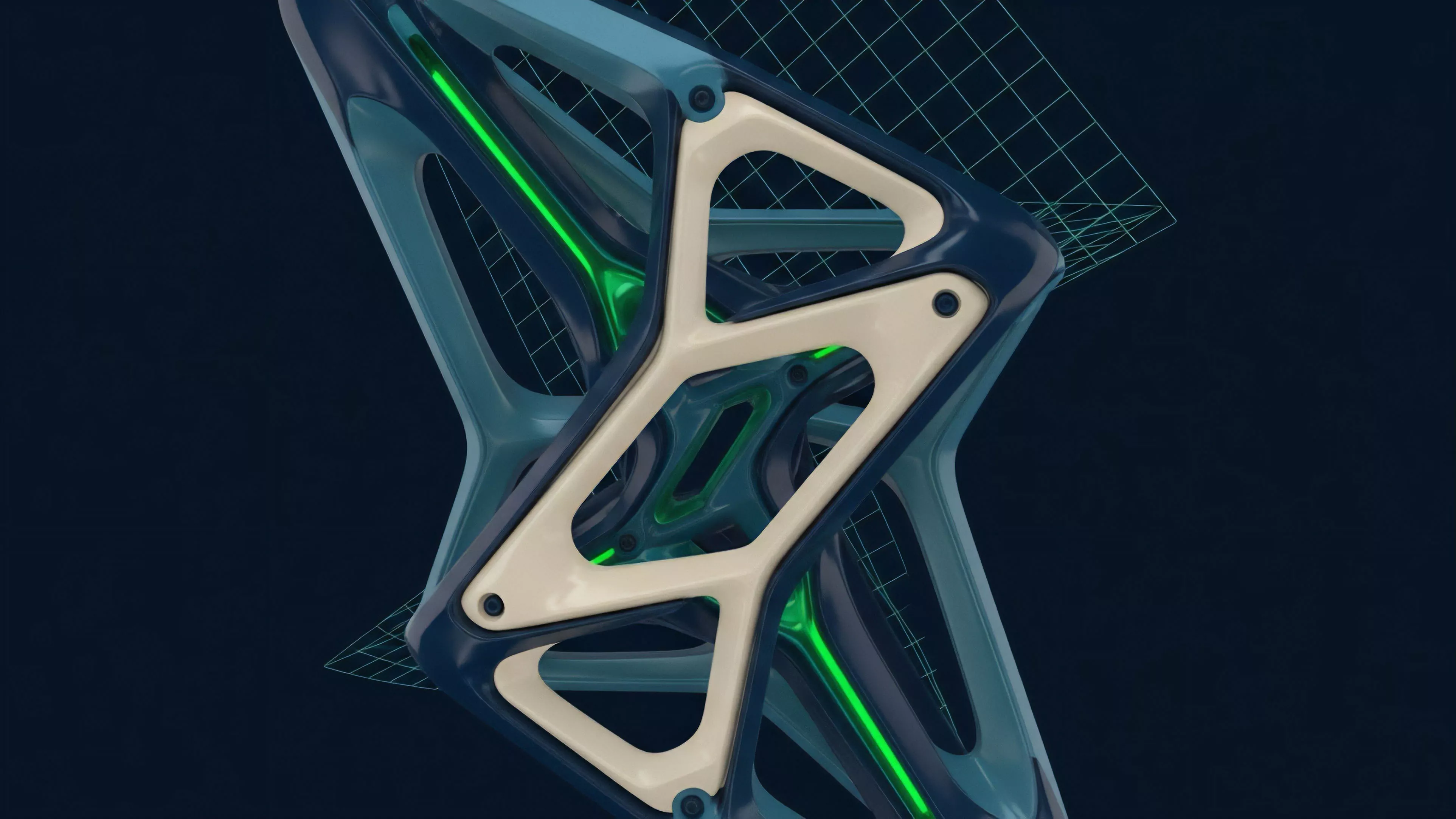 A highly technical, abstract digital rendering displays a layered, S-shaped geometric structure, rendered in shades of dark blue and off-white. A luminous green line flows through the interior, highlighting pathways within the complex framework