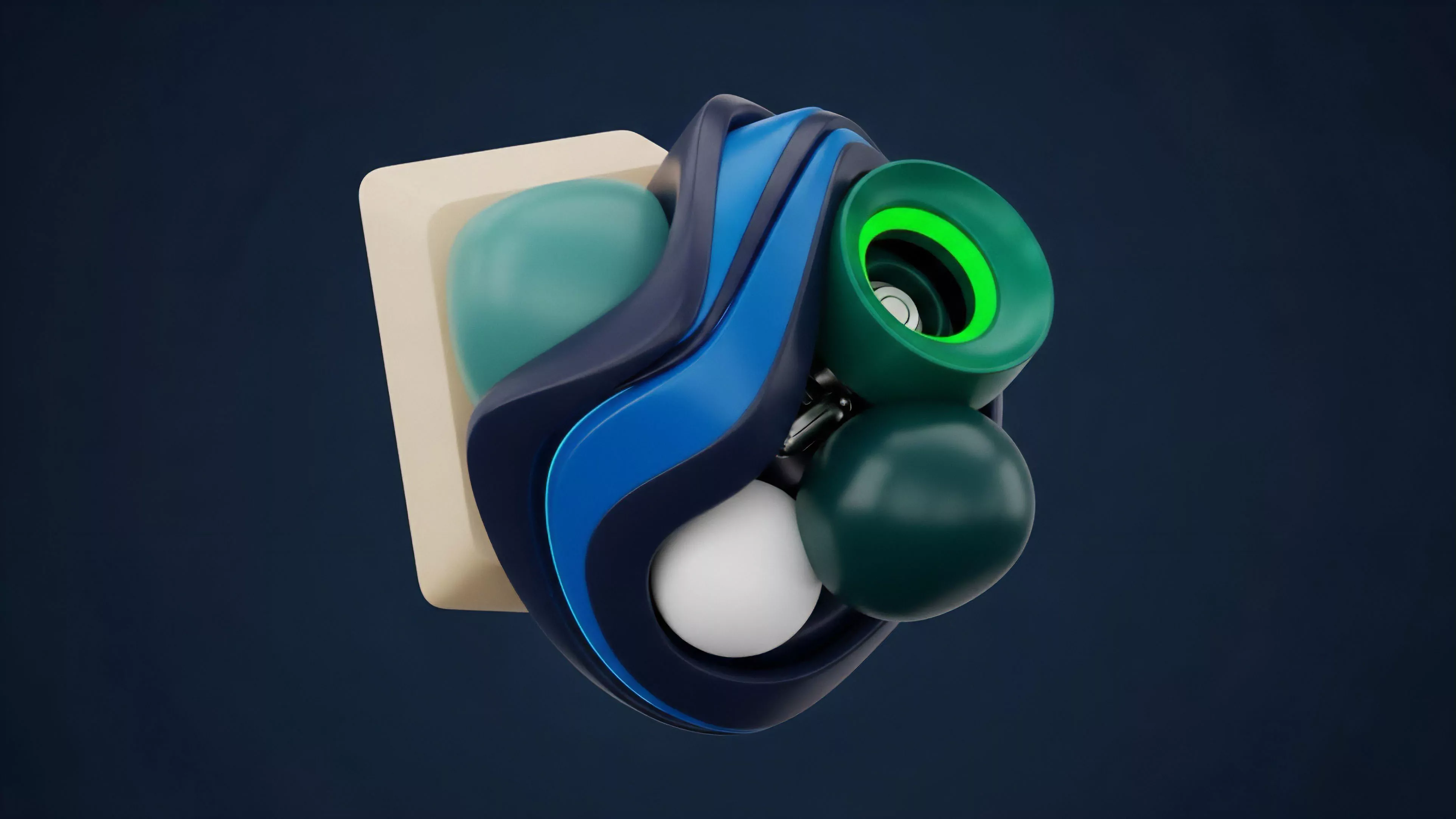 The abstract digital artwork features a complex arrangement of smoothly flowing shapes and spheres in shades of dark blue, light blue, teal, and dark green, set against a dark background. A prominent white sphere and a luminescent green ring add focal points to the intricate structure