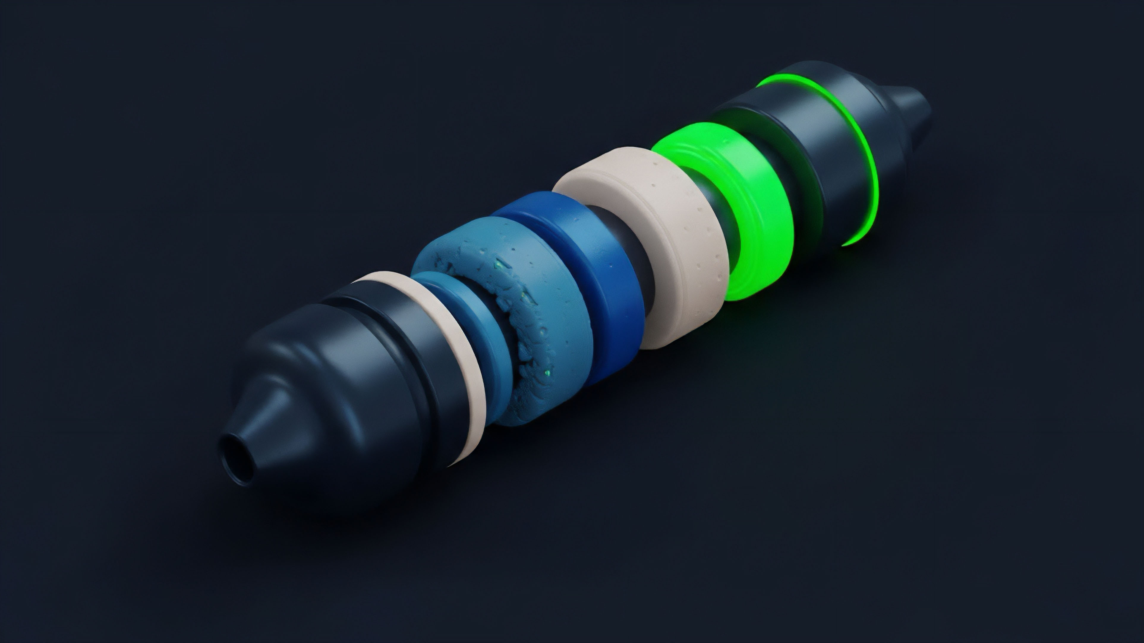 A technical component in exploded view, metaphorically representing the complex, layered structure of a financial derivative. The distinct rings illustrate different collateral tranches within a structured product, symbolizing risk stratification. The inner blue layers signify underlying assets and margin requirements, while the glowing green ring represents high-yield investment tranches or a decentralized oracle feed. This visualization illustrates the mechanics of perpetual swaps or other synthetic assets in a decentralized finance DeFi environment, emphasizing automated settlement functions and premium calculation. The design highlights how smart contracts manage risk-adjusted returns.