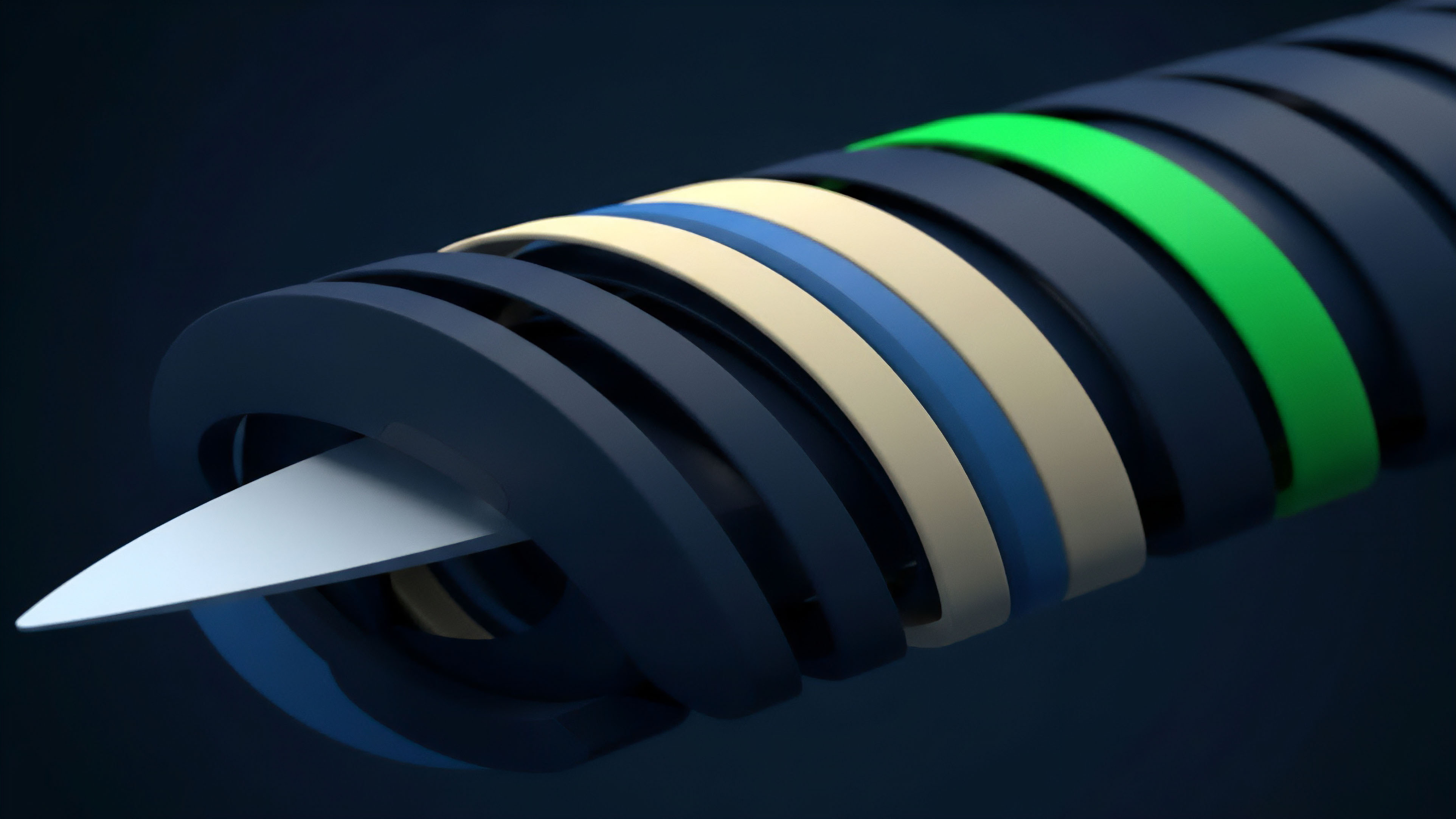 A close-up view of a layered structure featuring dark blue, beige, light blue, and bright green rings, symbolizing a financial instrument or protocol architecture. A sharp white blade penetrates the center. This represents the vulnerability of a decentralized finance protocol to an exploit, highlighting systemic risk. The distinct layers symbolize different risk tranches within a structured product or options positions, with the green ring potentially indicating high-risk exposure or profit-and-loss vulnerability within the financial instrument.