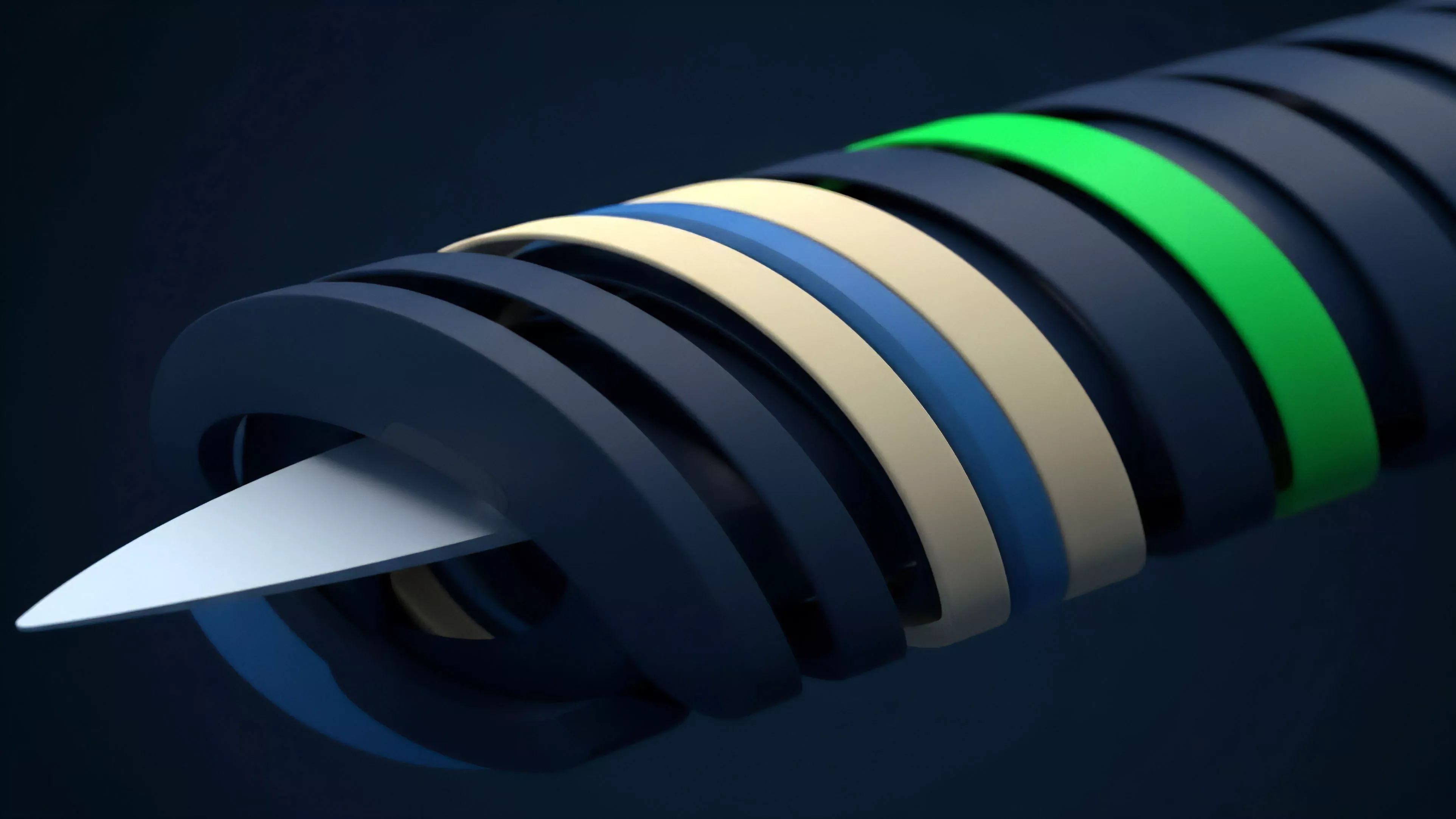 A close-up view of a layered structure featuring dark blue, beige, light blue, and bright green rings, symbolizing a financial instrument or protocol architecture. A sharp white blade penetrates the center. This represents the vulnerability of a decentralized finance protocol to an exploit, highlighting systemic risk. The distinct layers symbolize different risk tranches within a structured product or options positions, with the green ring potentially indicating high-risk exposure or profit-and-loss vulnerability within the financial instrument.
