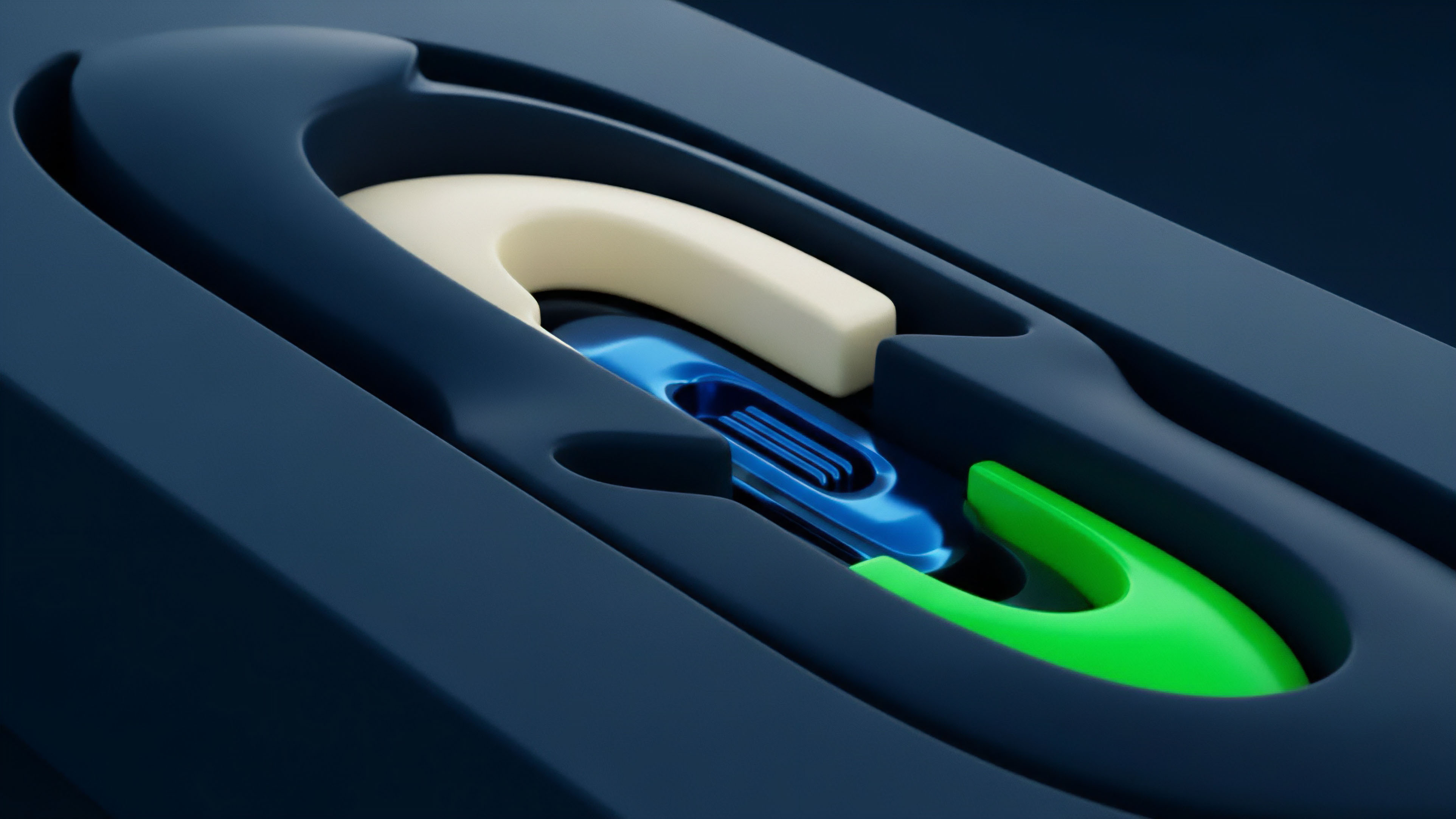 A detailed close-up reveals interlocking components within a structured housing, analogous to complex financial systems. The layered design represents nested collateralization mechanisms in DeFi protocols. The shiny blue element could represent smart contract execution, fitting within a larger white component symbolizing governance structure, while connecting to a green liquidity pool component. This configuration visualizes systemic risk propagation and cascading failures where changes in an underlying asset’s value trigger margin calls across interdependent leveraged positions in options trading.