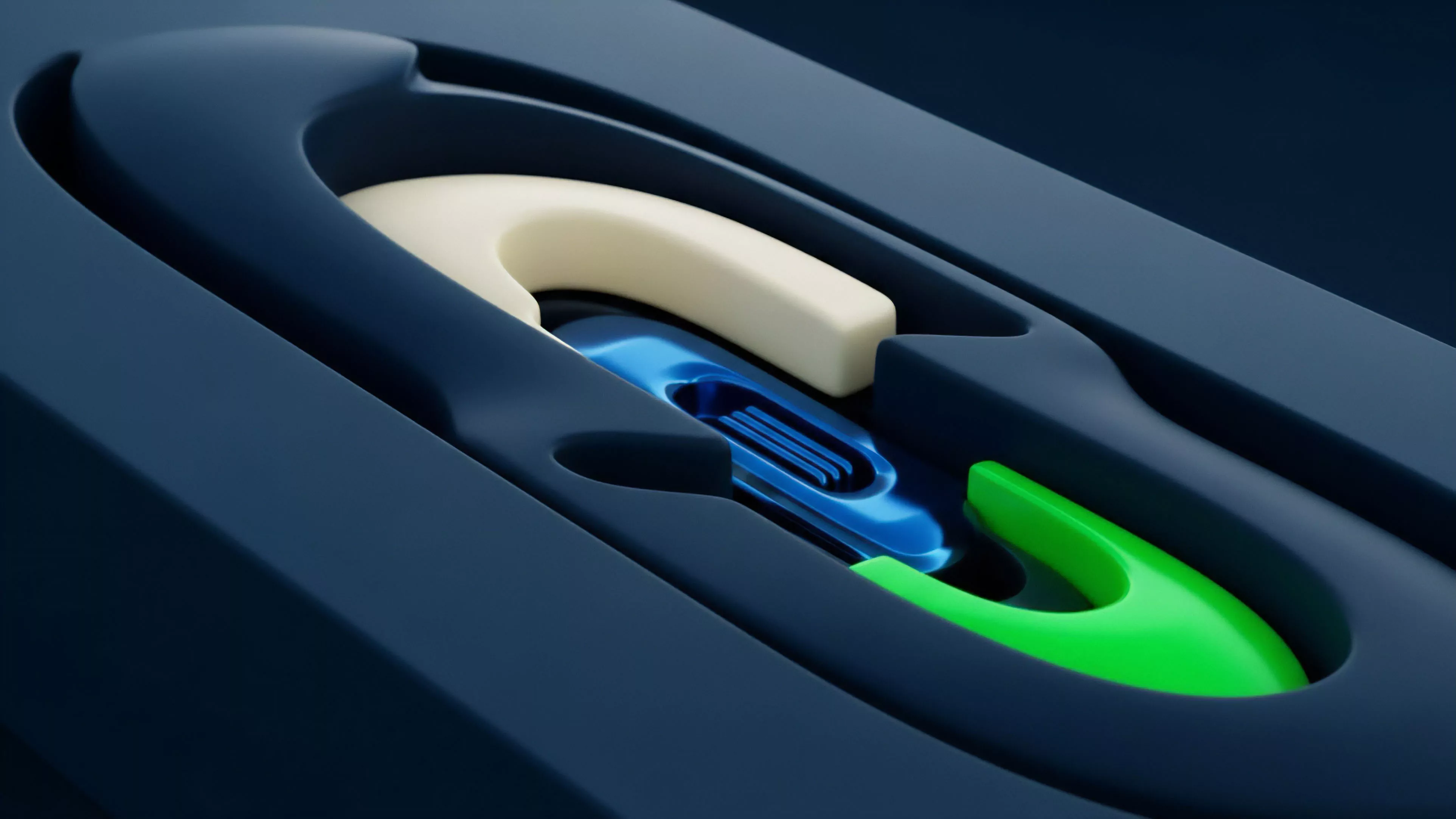 A detailed close-up reveals interlocking components within a structured housing, analogous to complex financial systems. The layered design represents nested collateralization mechanisms in DeFi protocols. The shiny blue element could represent smart contract execution, fitting within a larger white component symbolizing governance structure, while connecting to a green liquidity pool component. This configuration visualizes systemic risk propagation and cascading failures where changes in an underlying asset’s value trigger margin calls across interdependent leveraged positions in options trading.