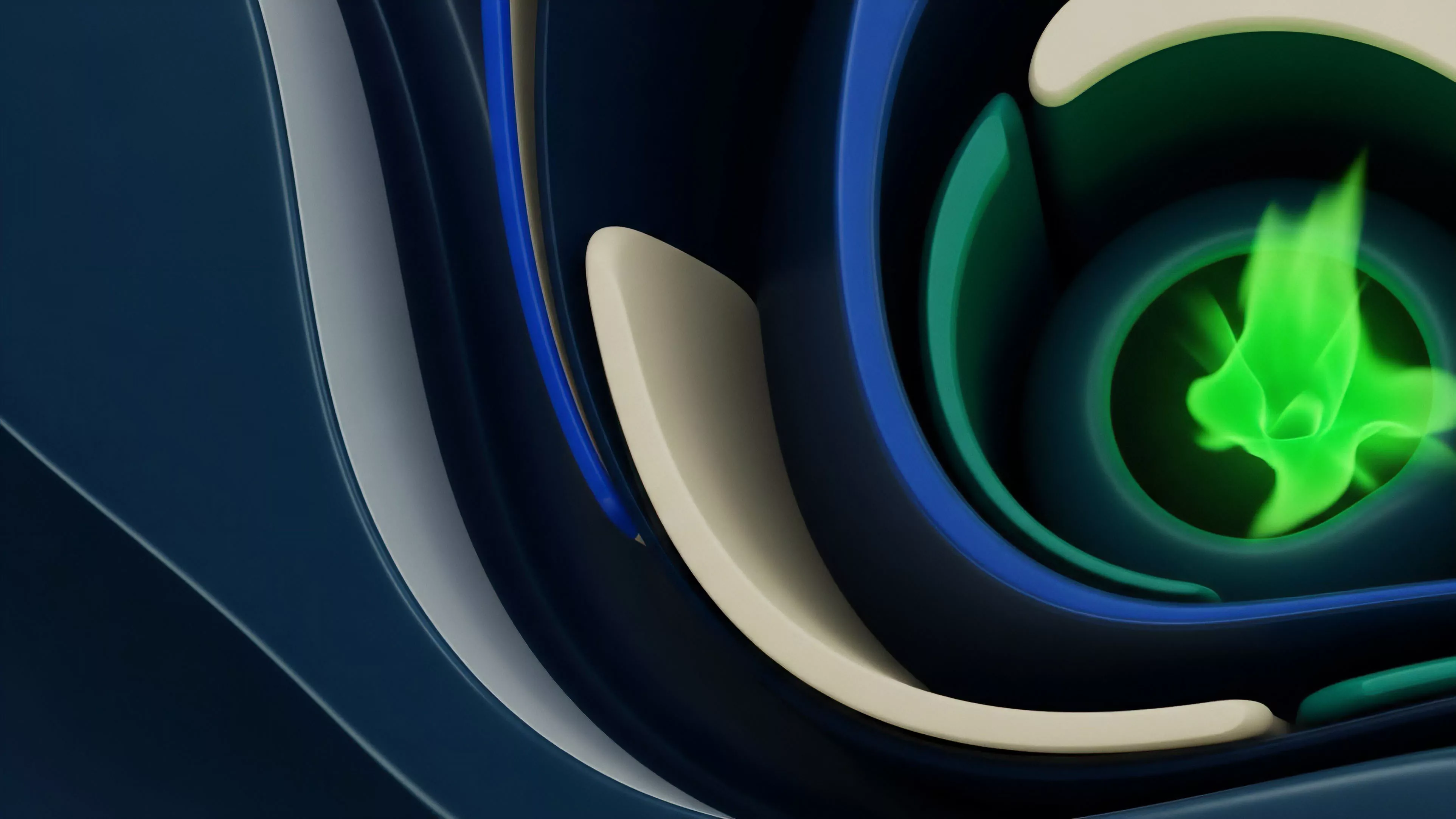 A deep, abstract composition features layered, flowing architectural forms in dark blue, light blue, and beige hues.