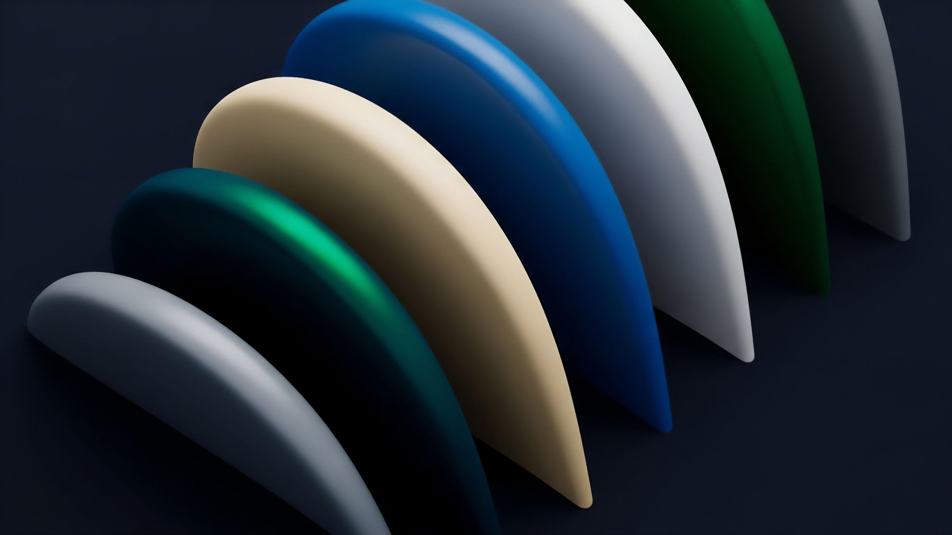 A sequence of curved, overlapping shapes in a progression of colors, from foreground gray and teal to background blue and white. This configuration visually represents risk stratification within complex financial derivatives. The individual objects symbolize specific asset classes or tranches in structured products, where each layer represents different levels of volatility or collateralization. This model illustrates how risk exposure accumulates in synthetic assets and how a portfolio might be diversified through various liquidity pools.