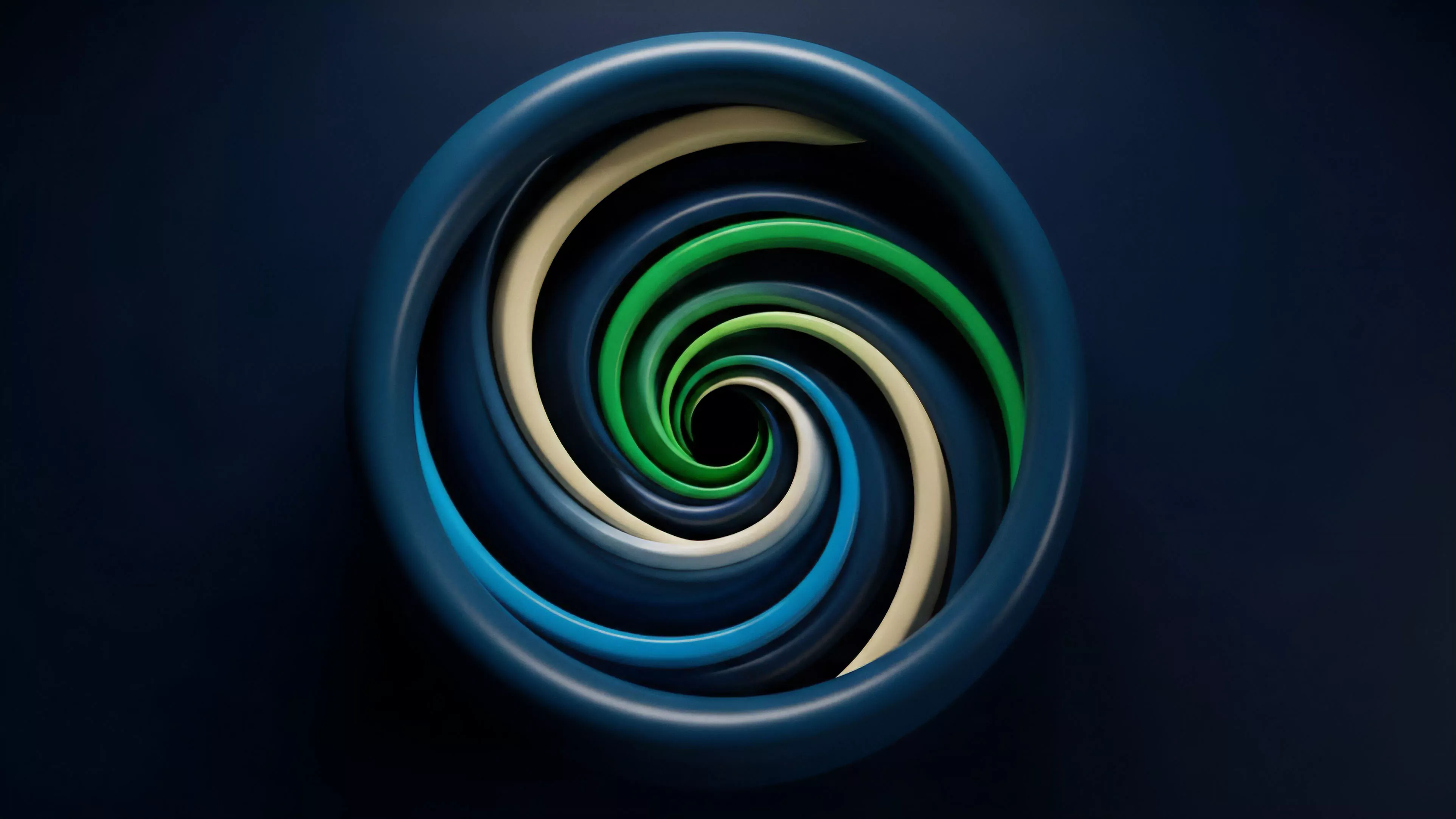 A deep blue circular frame encircles a multi-colored spiral pattern, where bands of blue, green, cream, and white descend into a dark central vortex. The composition creates a sense of depth and flow, representing complex and dynamic interactions