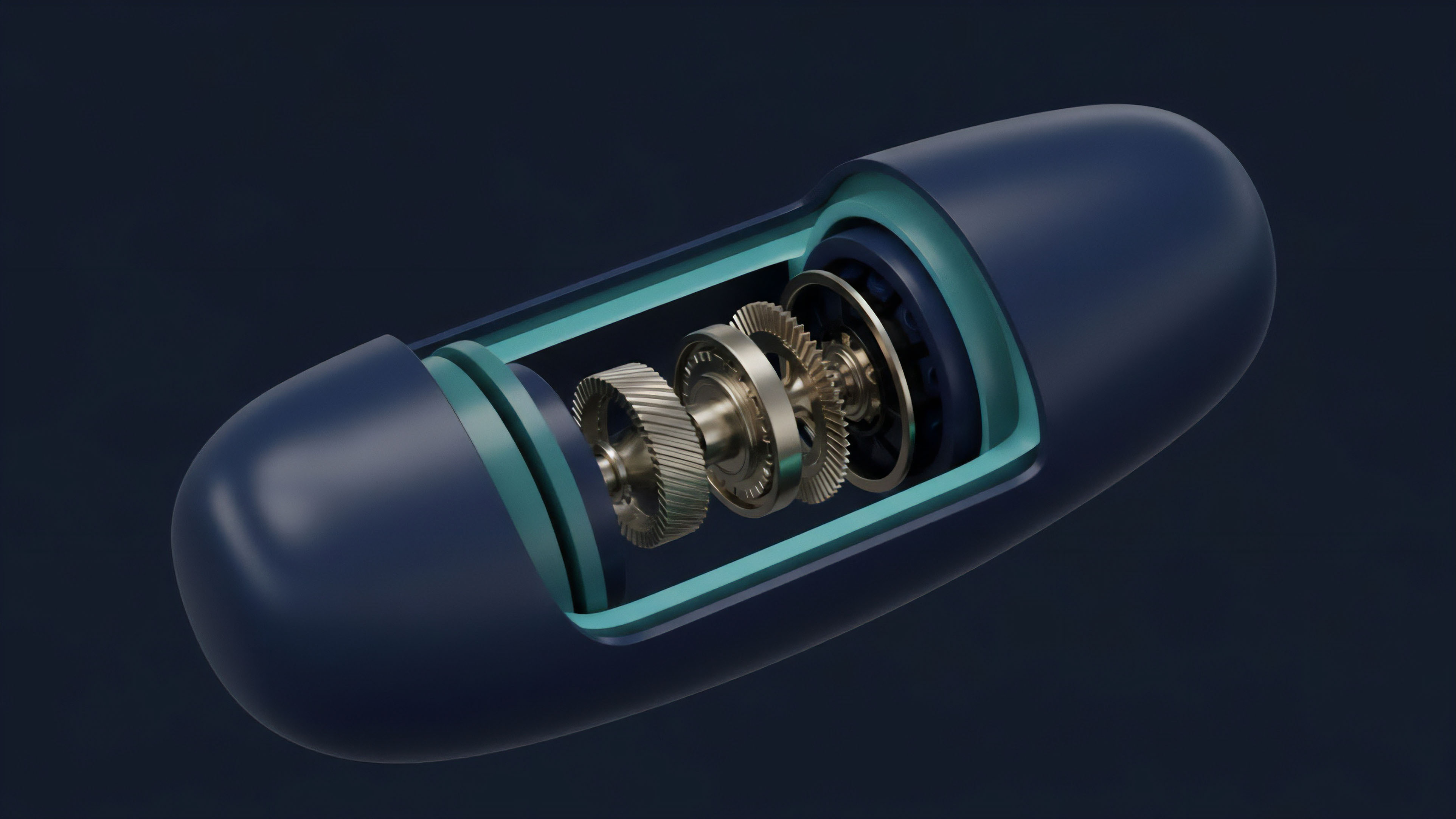 A detailed 3D cutaway reveals the intricate internal mechanism of a capsule-like structure, featuring a sequence of metallic gears and bearings housed within a teal framework. This visualization represents the core logic of a decentralized finance smart contract. The gears symbolize automated algorithms for collateral management, risk parameterization, and yield farming protocols within a structured product framework. The system’s design illustrates a self-contained, trustless mechanism where complex financial derivative transactions are executed autonomously without intermediary intervention on the blockchain network.